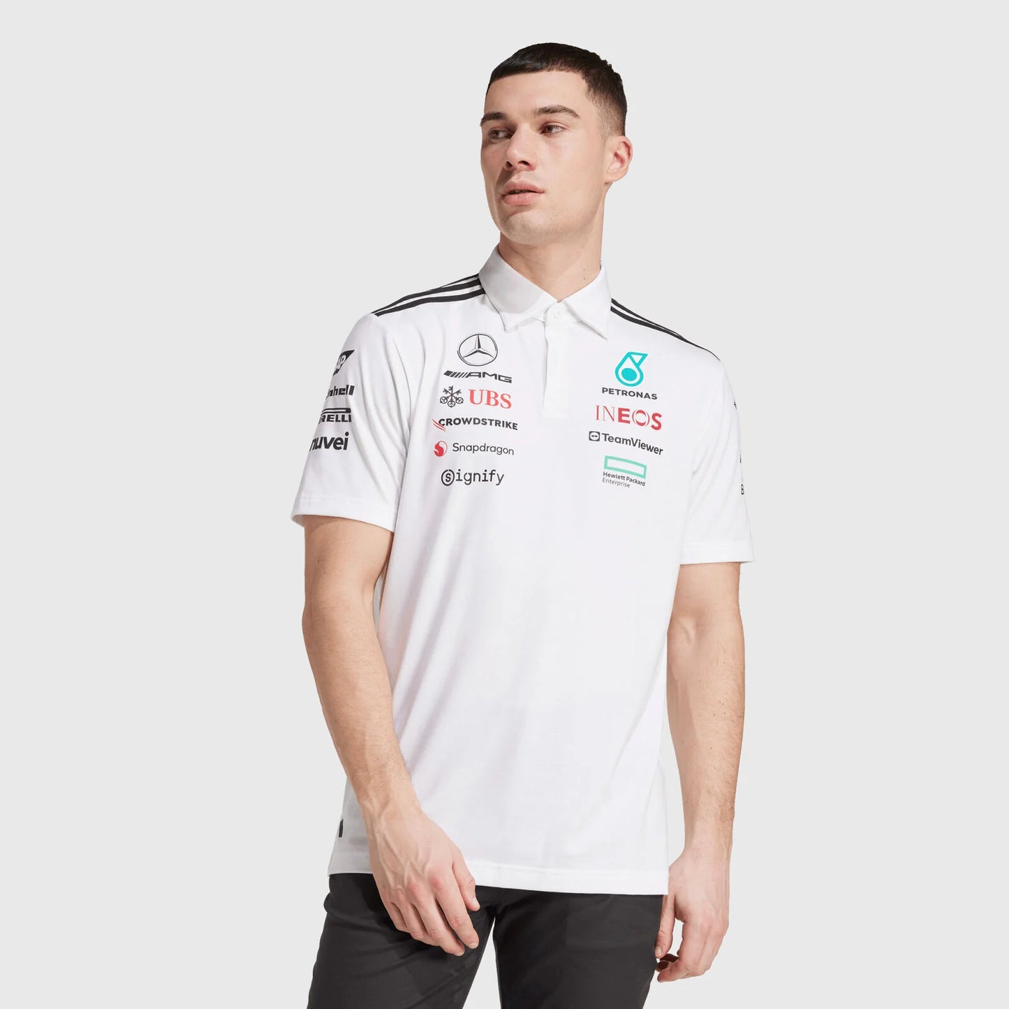 Playera tipo Polo Mercedes x Adidas 2025 blanca